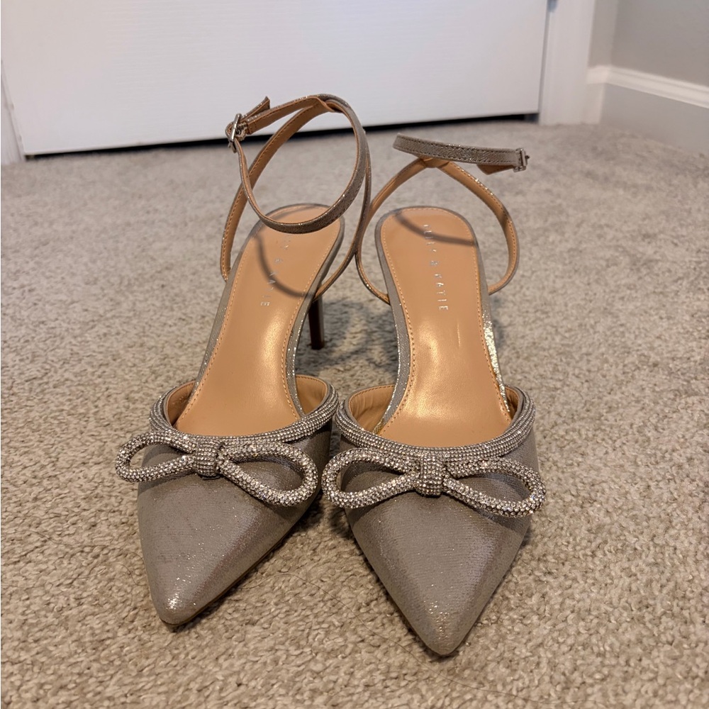 Silver Ankle Strap Heels with Bow